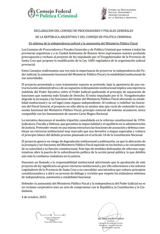 DECLARACIÓN: En defensa de la independencia judicial y la autonomía del Ministerio Público Fiscal